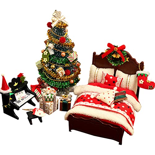 DIY Weihnachts-Miniatur-Puppenhaus-Set, Realistisches 3D-Haus, Zimmer-Bastelarbeiten mit Bett, Steppdecke, Kissen, Klavier, Lichtern, Weihnachtskranz, Weihnachtsbaum, Perfektes DIY Weihnachts-Miniatur-Puppenhaus-Set, Realistisches 3D-Haus, Zimmer-Bastelarbeiten mit Bett, Steppdecke, Kissen, Klavier, Lichtern, Weihnachtskranz, Weihnachtsbaum, Perfektes von AYNEFY
