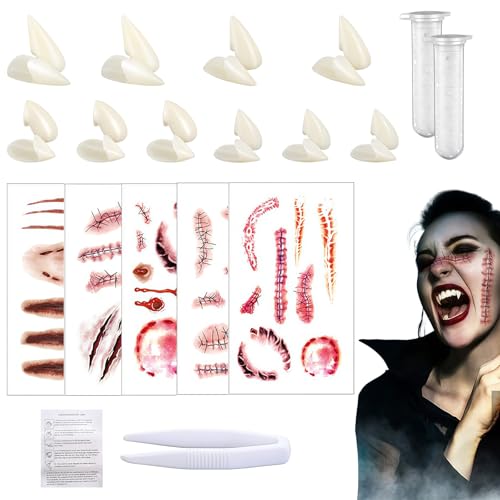 AYNKH 10 Paare Vampirzähne, 2 Röhre Zähne Pellets Klebstoff, 5 Blätter realistische Narben Tattoos, Halloween Kostüm Zubehör AYNKH 10 Paare Vampirzähne, 2 Röhre Zähne Pellets Klebstoff, 5 Blätter realistische Narben Tattoos, Halloween Kostüm Zubehör von AYNKH
