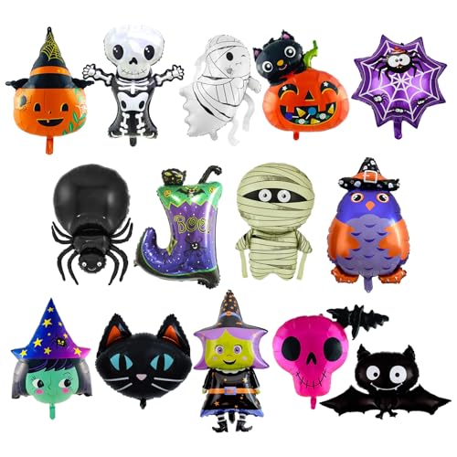 AYNKH 15 Stück übergroße Halloween-Folienballons, Kürbis, Spinne, Fledermaus, Hexe, Skelett, Geister-Halloween-Folienballon-Set, Kinder-Party-Dekoration von AYNKH