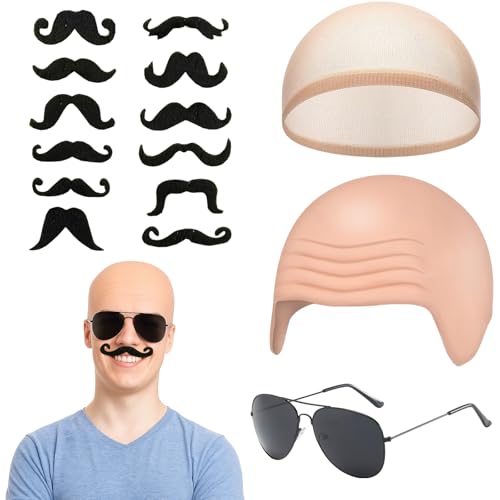 AYNKH 15-teiliges Glatzenhauben-Set für Erwachsene – Hautfarbenes Haarnetz, goldene Sonnenbrille und 12 Schnurrbärte, Perückenkappe im Lieferumfang enthalten, wiederverwendbare Glatzenkappen für AYNKH 15-teiliges Glatzenhauben-Set für Erwachsene – Hautfarbenes Haarnetz, goldene Sonnenbrille und 12 Schnurrbärte, Perückenkappe im Lieferumfang enthalten, wiederverwendbare Glatzenkappen für von AYNKH