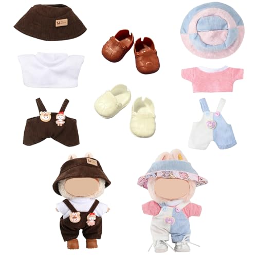 AYNKH 2 Set Puppen-Kleidung für 17 cm Plüschpuppe, 6-teiliges Outfit für 17 cm Puppe, passende Puppenkleidung, inklusive rosa brauner Overalls Schleife Clip Cream Bag Hut für Mädchen Kinder Geburtstag von AYNKH