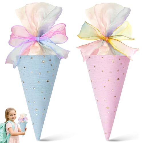 AYNKH 2 Stück Einschulung Geschwister Schultüte Jungen Mädchen, Stoff Geschenkbeutel Füllung, Schulkonus kleine Zuckertüte mit Schleife für Kinder (Rosa + Blau) von AYNKH