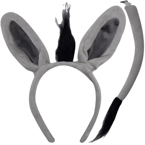 AYNKH 2 Stück Esel Kostüm, Graue Eselsohren und Schwanz Set, Tier Kostüm Set, Kind Erwachsene Party Spaß Dekoration, Geeignet für Halloween Maskerade Cosplay von AYNKH