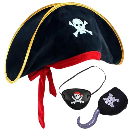 AYNKH 3 Stück Piratenkostüm, Kind-Erwachsener-Piratenhut mit Augenmaske und Haken für Rollenspiel, Halloween, Piraten-Mottoparty AYNKH 3 Stück Piratenkostüm, Kind-Erwachsener-Piratenhut mit Augenmaske und Haken für Rollenspiel, Halloween, Piraten-Mottoparty von AYNKH