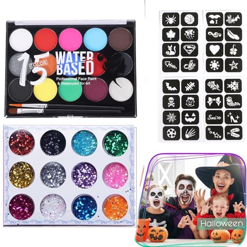AYNKH 33 Teiliges Wasserbasiertes Ungiftiges Kinder-Make Up Kit mit Haarkreide, 15-farbiges Kinder-Make-up-Set, Pinseln, Körper- und Gesichtsmalen, schnell trocknend, ideal für Halloween, Karneval, Ma von AYNKH