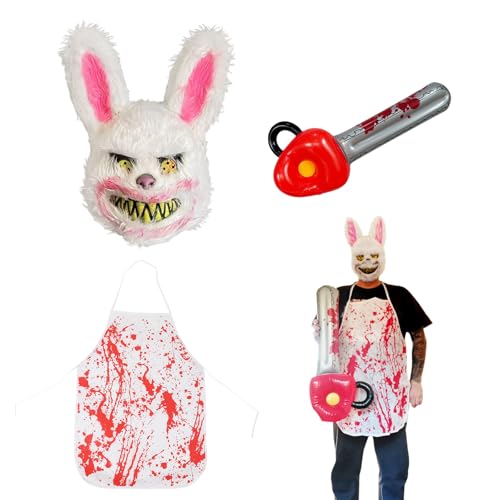 AYNKH 3PCS Horror Kaninchen Kostüm, Schreckliche Halloween Maske Blut Schürze aufblasbare Kettensäge, Schreckliche blutige pelzige Kaninchen Maske für Erwachsene, Halloween Party Cosplay Outfit von AYNKH