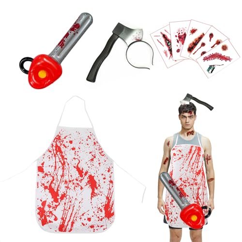 AYNKH 4 Stück Sägen Metzger-Kostüm, blutige Schürze, realistische Tattoo-Aufkleber, Messer im Kopf, aufblasbare Kettensäge, Halloween, Karneval, Party, gruselige Dekorationen, Einheitsgröße AYNKH 4 Stück Sägen Metzger-Kostüm, blutige Schürze, realistische Tattoo-Aufkleber, Messer im Kopf, aufblasbare Kettensäge, Halloween, Karneval, Party, gruselige Dekorationen, Einheitsgröße von AYNKH