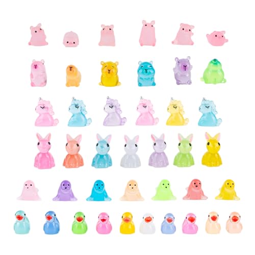 AYNKH 42Pcs Mini Resin Tiere, Tiny Plastic Luminous Mix Tiere Spielzeug in der Dunkelheit, Capybara, Ente, Ferkel, Einhorn, Hase, Seelöwe, Mini-Landschaft für Dollhouse Aquarium Garten von AYNKH