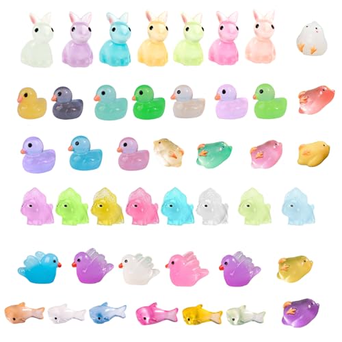 AYNKH 44Pcs Mini Resin Tiere, Kunststoff Tiny Luminous Mix Tiere Spielzeug in der Dunkelheit, Ente, Hase, Triceratops, Taube, Layflat Huhn, Haie, Mini-Landschaft für Puppenhaus Garten Aquarium von AYNKH