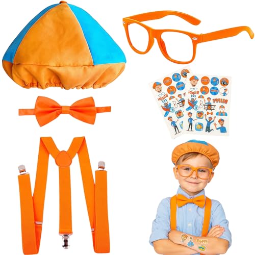 AYNKH 5 Stück Kinder Ingenieur-Verkleidungsset mit Barett, Brille, Fliege, Hosenträgern und Tattoos (Orange-Blau), Blippi-Kostüm für Halloween, Karneval, World Book Day, Rollenspiele von AYNKH