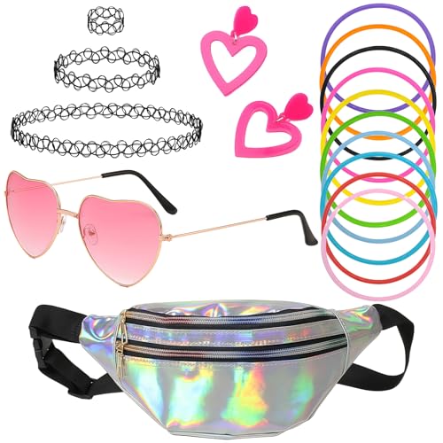 AYNKH 5-teiliges Retro-Outfit für Damen aus den 1990er Jahren, Komplett mit Herzförmiger Sonnenbrille, Rosa-Silberner Gürteltasche, Halskette und femininen Festival-Hippie-Accessoires von AYNKH