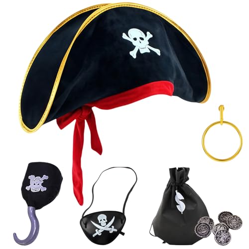 AYNKH 6 Stück Piratenkostüm Kinder Piraten Kostüm Zubehör Set mit Piratenhut, Augenklappe Pirat, Haken, Ohrringe, Geldbeutel, Goldmünze, Halloween Party Zubehör Piratenkostüm für Jungen Mädchen AYNKH 6 Stück Piratenkostüm Kinder Piraten Kostüm Zubehör Set mit Piratenhut, Augenklappe Pirat, Haken, Ohrringe, Geldbeutel, Goldmünze, Halloween Party Zubehör Piratenkostüm für Jungen Mädchen von AYNKH