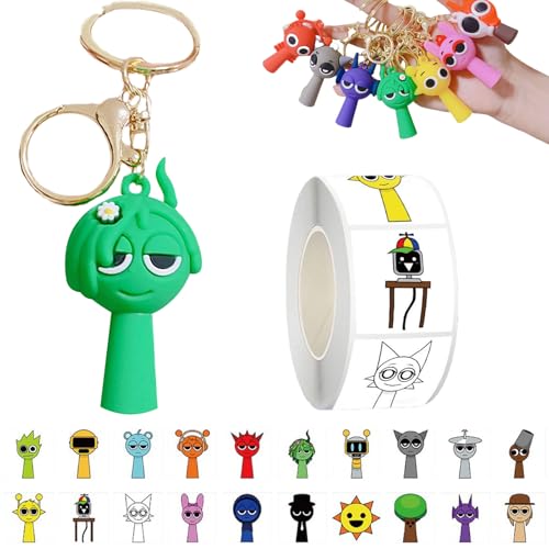 AYNKH 6 bunte Sprenky-Anhänger, 1 Rolle Sprenky-Aufkleber (500), Coolie Boi Sprenky, bewegliche Figuren, Sprunki-Figuren, perfekt für Weihnachten, Halloween, Geburtstagsgeschenk, Jungen und Mädchen von AYNKH