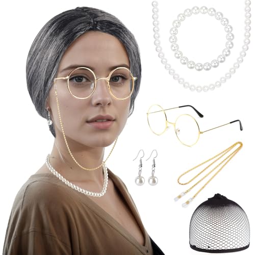 AYNKH 7Stücks Alte Dame Kostüm Sets Grau Oma Perücke Brille Ohrringe Halskette Armband Gangster Oma Kostüm Fancy Dress Zubehör für Halloween Karneval Party Buch Tag AYNKH 7Stücks Alte Dame Kostüm Sets Grau Oma Perücke Brille Ohrringe Halskette Armband Gangster Oma Kostüm Fancy Dress Zubehör für Halloween Karneval Party Buch Tag von AYNKH