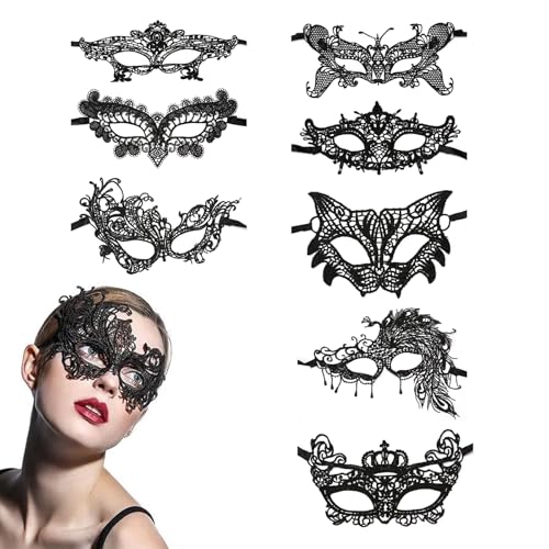 AYNKH 8 Stück Maskerademaske, schwarze Spitzenmaske, Venezianische Maskerade, für Halloween, Maskerade, Karneval, Party, Ball, Kostüm, Schwarz (8 verschiedene Modelle) von AYNKH