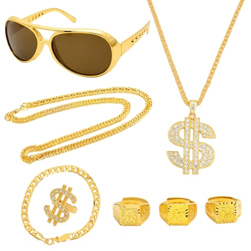 AYNKH 8 Stück Zuhälter-Kostüm, Hip-Hop-Look, männlicher Look der 80/90er Jahre, Karneval, Faschingspartys und Themenpartys, wie Halsketten aus Gold, Halsketten aus Dollar, Dollarringe und Armbänder von AYNKH