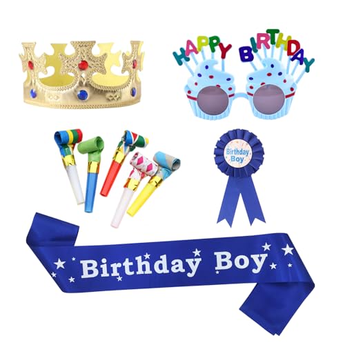AYNKH 9-teiliges Party-Set mit Königskrone, Brille, Gürtel, Abzeichen, 5 Pfeifen (zufällige Farbe) für Geburtstage von Kindern und Erwachsenen von AYNKH