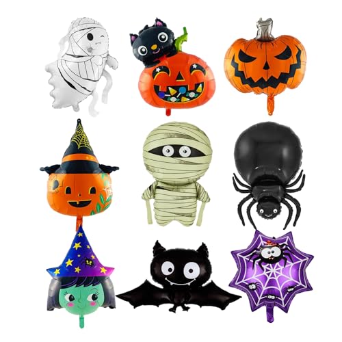 AYNKH 9PCS Halloween Folie Ballons Set, überdimensionierte Folie Ballons, Kürbis, Spinne, Fledermaus, Hexe, Halloween Party für Kinder Geburtstag Dekorationen Zubehör Geschenk von AYNKH