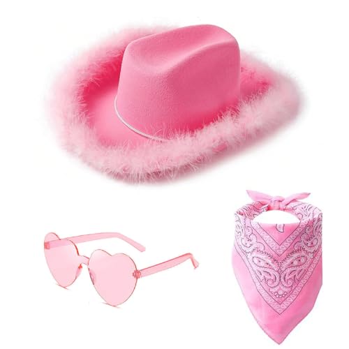 AYNKH Cowboyhut Cowgirl Herz Sonnenbrille Bandana Schal Set für Frauen Mädchen Filz Flauschige Feder Trim Hut Breite Krempe Verkleidung für Halloween Geburtstag Kostüm Party Karneval Musik Festival AYNKH Cowboyhut Cowgirl Herz Sonnenbrille Bandana Schal Set für Frauen Mädchen Filz Flauschige Feder Trim Hut Breite Krempe Verkleidung für Halloween Geburtstag Kostüm Party Karneval Musik Festival von AYNKH