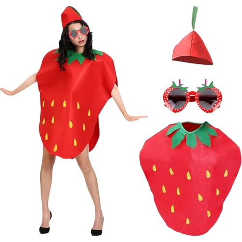 AYNKH Erdbeer-Kostüm-Set für Erwachsene, Hut, Kleid und Brille, lustiges Obst-Cosplay-Outfit mit Kopfbedeckung, perfekt für Fasching, Halloween, Motto-Partys, 3-teilig von AYNKH