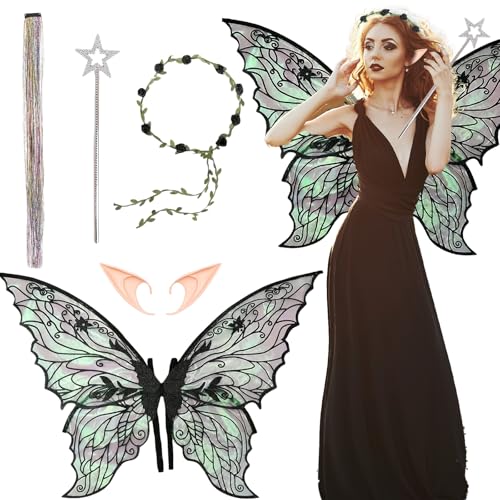 AYNKH Fee Flügel Schmetterling Dress Up Set Fee Engel Prinzessin Kostüm, 4PCS Flügel Wand Blume Stirnband Ohren Engel Kostüm Zubehör für Frauen Mädchen Halloween Party Karneval Cosplay(schwarz) AYNKH Fee Flügel Schmetterling Dress Up Set Fee Engel Prinzessin Kostüm, 4PCS Flügel Wand Blume Stirnband Ohren Engel Kostüm Zubehör für Frauen Mädchen Halloween Party Karneval Cosplay(schwarz) von AYNKH