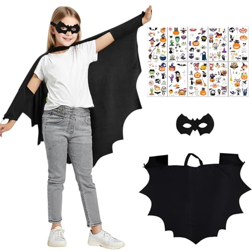 AYNKH Fledermaus-Kostüm für Kinder, Black Bat Cape Maske, 10 temporäre Halloween-Tattoos, Fledermausflügel für Mädchen, Halloween-Cosplay-Kostüm für Kinder (5-10 Jahre) von AYNKH