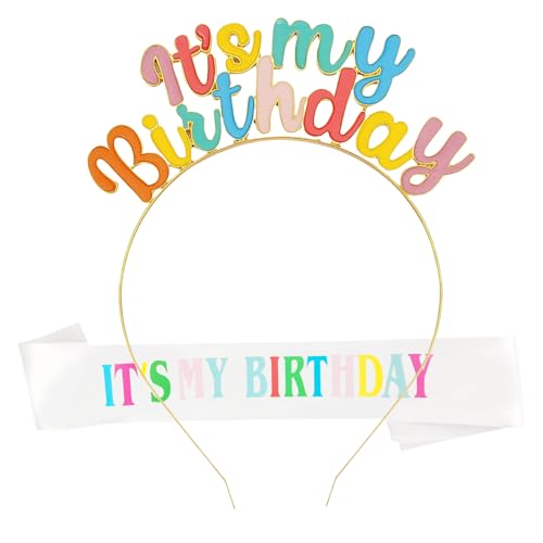 AYNKH Geburtstagsdekorationen für Mädchen, Königin Geburtstag Schärpe und Tiara, Bunte Buchstabenkrone Stirnband Prinzessin Party Zubehör für Erwachsene Kinder von AYNKH