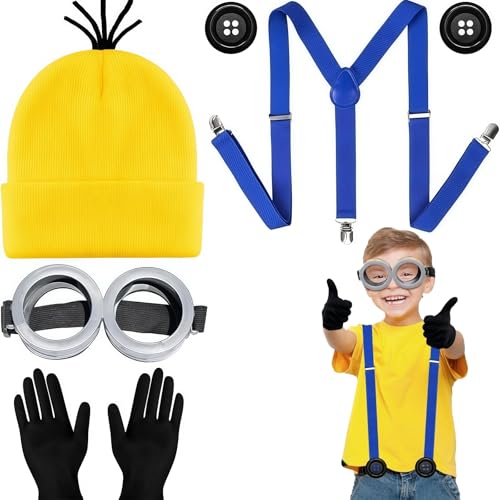 AYNKH Gelbes Kostüm für Erwachsene, Kinder, gelbe Beanie, Strickmütze, graue Brille, schwarze Handschuhe, Knöpfe, blauer Schultergurt, Kostüm-Zubehör für Halloween, Karneval, Cosplay, Party, 5 Stück AYNKH Gelbes Kostüm für Erwachsene, Kinder, gelbe Beanie, Strickmütze, graue Brille, schwarze Handschuhe, Knöpfe, blauer Schultergurt, Kostüm-Zubehör für Halloween, Karneval, Cosplay, Party, 5 Stück von AYNKH
