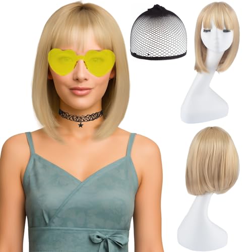 AYNKH Kurzhaarperücke Damen Blond, Kommt mit einem Haarnetz, Halskette und Sonnenbrille geeignet für Partys und Versammlungen, Cospaly， Die perfekte Wahl für Mode von AYNKH