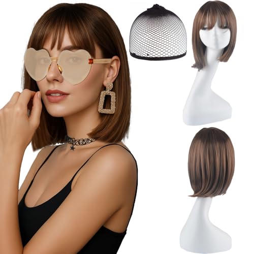 AYNKH Leichte braune Perücke Damen, Kurze Kurzhaarperücke Damen, mit Haarnetz, modisches Zubehör Set, enthält Kette und Sonnenbrille, für Cosplay und Party von AYNKH
