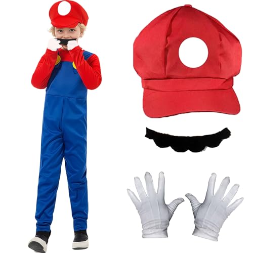 AYNKH Mario-Kostüm für Kinder, Spiel-Body, Outfit, Mario-Hut, weiße Handschuhe, Schnurrbart, Kostüm-Zubehör für Halloween, Karneval, Cosplay-Party (XS) von AYNKH
