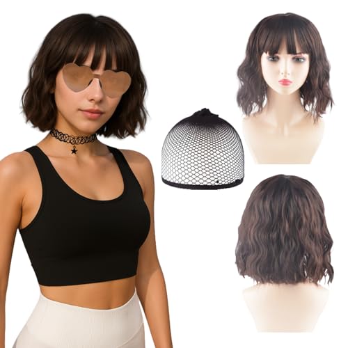 AYNKH Perücke braun Damen Kurzhaarperücke Damen mit Zubehör, inklusive Perücke, Haarnetz, Halskette und Sonnenbrille, Perfekt für Alltag, Partys und Cosplay AYNKH Perücke braun Damen Kurzhaarperücke Damen mit Zubehör, inklusive Perücke, Haarnetz, Halskette und Sonnenbrille, Perfekt für Alltag, Partys und Cosplay von AYNKH