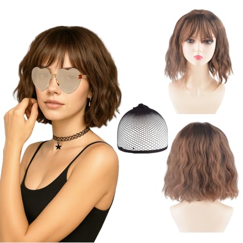 AYNKH Perücke kurzhaarperücke Damen in hellbraun, inkl. Haarnetz, Halskette und Sonnenbrille, ideal für bei täglichem Gebrauch, Partys und Cosplay, modisch und stilvoll. von AYNKH