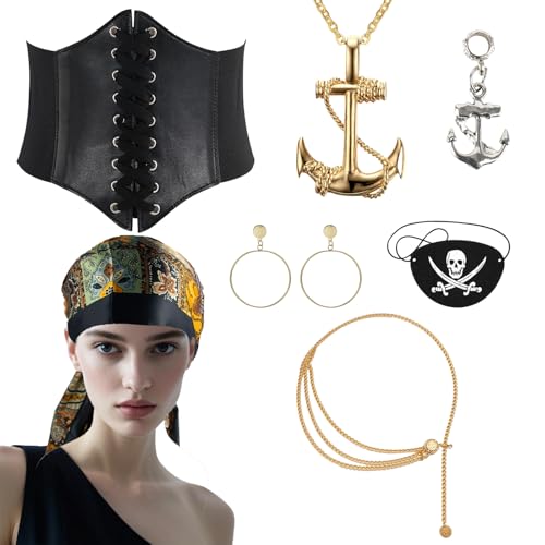 AYNKH Piratenkostüme für Damen, Piratenzubehör, Augenklappe, Stirnbänder, Perückenschmuck, Gürtel, Gürtelketten, Halloween, Karneval, Rollenspiel-Kostüme, Kapitän, Fasching von AYNKH