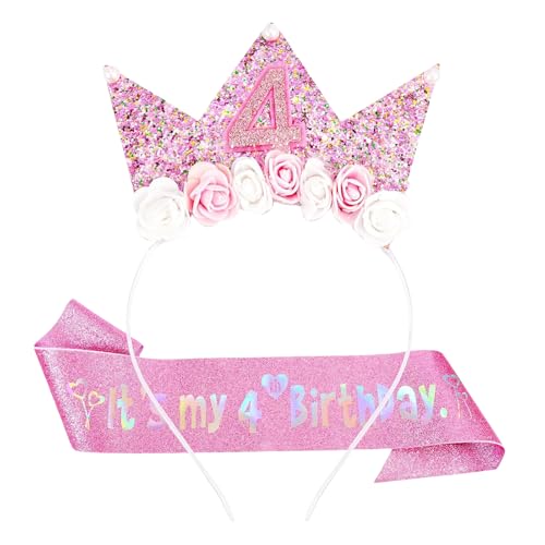 AYNKH Rosa 4. Geburtstag Dekorationen für Mädchen, 4. Geburtstag Schärpe und Krone Stirnband Mädchen Dekorationen Geschenk Party Zubehör für Mädchen AYNKH Rosa 4. Geburtstag Dekorationen für Mädchen, 4. Geburtstag Schärpe und Krone Stirnband Mädchen Dekorationen Geschenk Party Zubehör für Mädchen von AYNKH