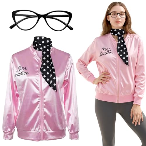 AYNKH Rosa Jacke für Damen Verkleidung mit Zubehör Schal Brille 1950er Jahre Rosa Satin Jacke Fasching Kostüm Outfit für Frauen Halloween Weihnachten Karneval 80er Party von AYNKH