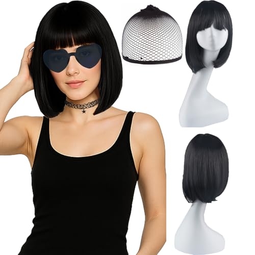 AYNKH Schwarze Perücke Damen Kurzhaarperücke mit Fransen, Synthetische Haartolle für Cosplay und Party, Perfekt für Alltag, Inklusive Haarnetz, Sonnenbrille und Halskette von AYNKH