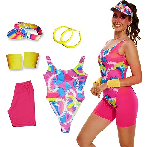 AYYOHON 80er-Jahre-Trainingskostüm-Outfit, Gymnastikanzug, Leggings, Armbänder, Sonnenblende, Ohrringe, Set, Damen, Halloween, Cosplay, S von AYYOHON