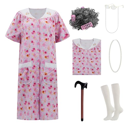 AYYOHON Alte Dame Kostüm für Damen, Oma Kostüm Kit mit Nachthemd Alte Dame Kleid Oma Kostüm Halloween Outfits L/XL von AYYOHON
