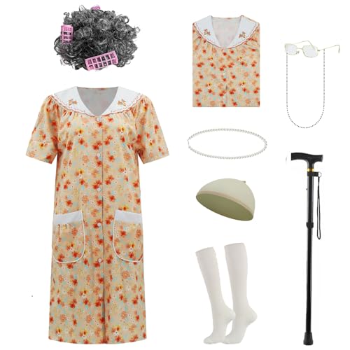 AYYOHON Alte Dame Kostüm für Frauen, Oma Kostüm Set mit Nachthemd Alte Dame Kleid Oma Outfits Halloween Cosplay Anzug L/XL AYYOHON Alte Dame Kostüm für Frauen, Oma Kostüm Set mit Nachthemd Alte Dame Kleid Oma Outfits Halloween Cosplay Anzug L/XL von AYYOHON