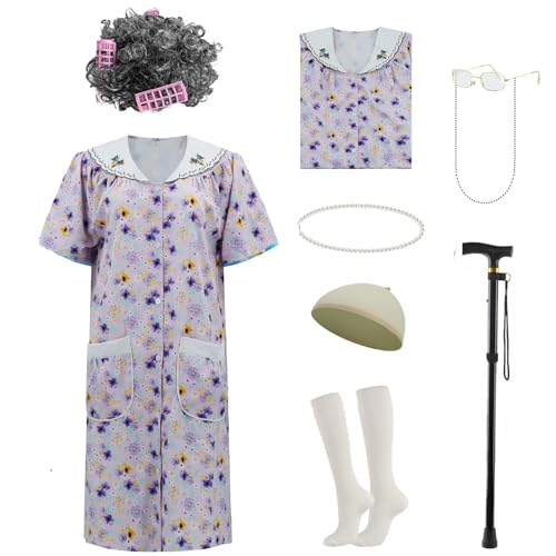 AYYOHON Alte Dame Kostüm für Frauen, Oma Kostüm Set mit Nachthemd Alte Dame Kleid Oma Outfits Halloween Cosplay Anzug L/XL von AYYOHON