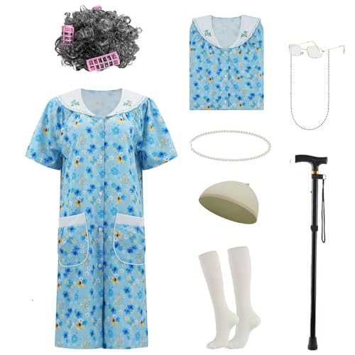 AYYOHON Alte Dame Kostüm für Frauen, Oma Kostüm Set mit Nachthemd Alte Dame Kleid Oma Outfits Halloween Cosplay Anzug S/M von AYYOHON