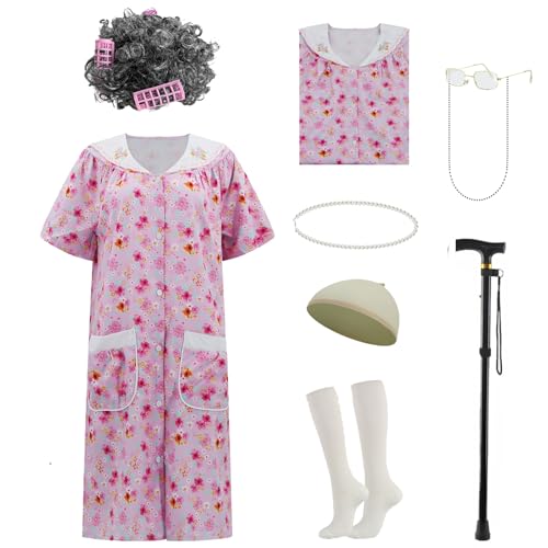 AYYOHON Alte Dame Kostüm für Frauen, Oma Kostüm Set mit Nachthemd Alte Dame Kleid Oma Outfits Halloween Cosplay Anzug S/M von AYYOHON
