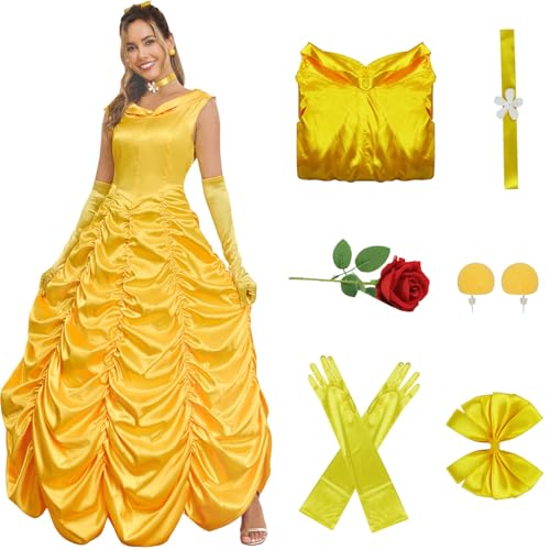AYYOHON Biest Kostüm Prinzessin Belle Gelbes Kleid Frauen Schönheit Schulterfrei Halloween Party Kleid Rote Rose Ohrringe S AYYOHON Biest Kostüm Prinzessin Belle Gelbes Kleid Frauen Schönheit Schulterfrei Halloween Party Kleid Rote Rose Ohrringe S von AYYOHON