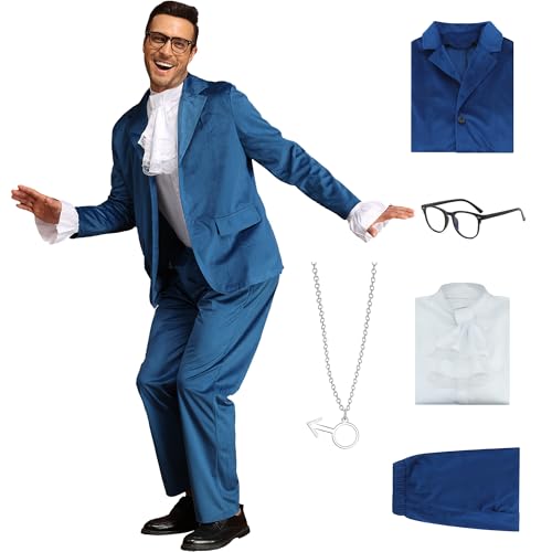 AYYOHON Blaues 60er-Jahre-Swinger-Kostüm für Herren, Spionage-Kostüm, Austin, Halloween, Cosplay, Anzug, Rüschenhemd, Jacke, Hose, Set, Größe XL AYYOHON Blaues 60er-Jahre-Swinger-Kostüm für Herren, Spionage-Kostüm, Austin, Halloween, Cosplay, Anzug, Rüschenhemd, Jacke, Hose, Set, Größe XL von AYYOHON