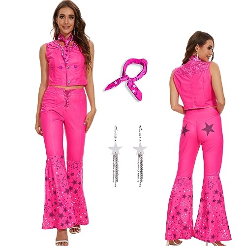 AYYOHON Cowgirl-Kostüm, 70er-/80er-Jahre, Hippie-Disco-Outfits, rosa Weste, Top, Schlaghose, Halloween, Margot Robbie, Cosplay, für Damen, Größe M AYYOHON Cowgirl-Kostüm, 70er-/80er-Jahre, Hippie-Disco-Outfits, rosa Weste, Top, Schlaghose, Halloween, Margot Robbie, Cosplay, für Damen, Größe M von AYYOHON