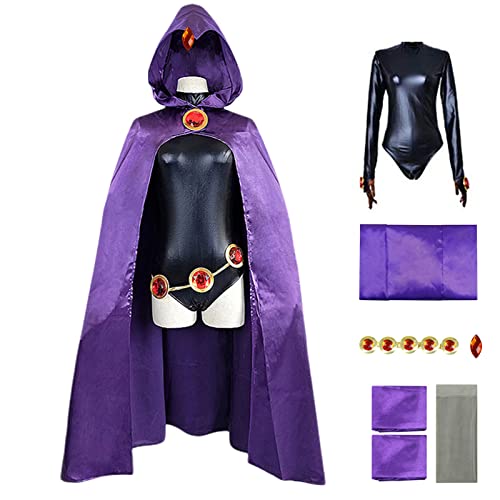 AYYOHON Damen Raven Cosplay Kostüm Overall Lila Umhang Outfit Halloween Bodysuit Full Set Hooded Cape Swearshirt XS von AYYOHON
