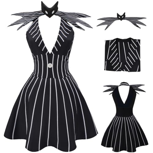 AYYOHON Damen-Weihnachtskleid, Albtraumkleid, Jack, Cosplay-Kostüm für Erwachsene, gestreiftes A-Linien-Kleid mit Fliege, Halloween-Uniform, Größe M AYYOHON Damen-Weihnachtskleid, Albtraumkleid, Jack, Cosplay-Kostüm für Erwachsene, gestreiftes A-Linien-Kleid mit Fliege, Halloween-Uniform, Größe M von AYYOHON