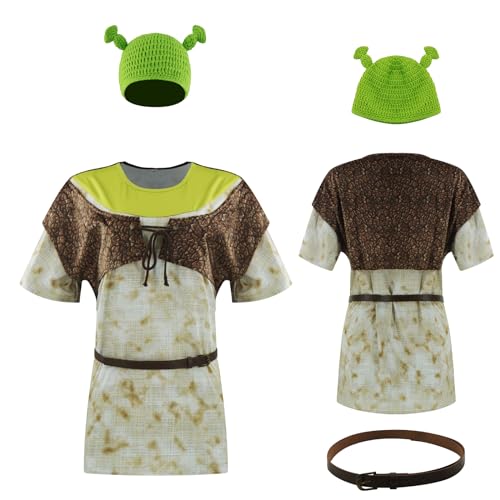 AYYOHON Grüner Oger-Kostüm, Lederweste, Ohren, Mütze, Set, sublimiertes Halloween-T-Shirt, gestrickte Ohren, Beanie, Erwachsene, Cosplay-Outfits, Größe XXL von AYYOHON