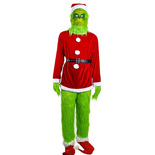 AYYOHON Grünes großes Monster-Kostüm für Herren, 7-teilig, Weihnachten, Deluxe, pelzig, Erwachsenen-Weihnachtsmannanzug, grünes Outfit mit Maske, Größe M von AYYOHON